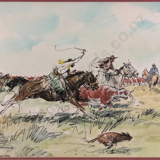 Castells Cuppro (Uraguay) - framed watercolour - cowboys H-350 W-540