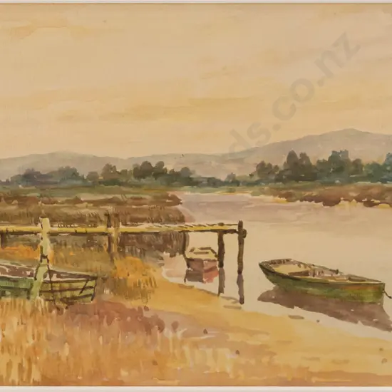 Blythe Fletcher - framed gouache - dinghy river scene H-180 W-350