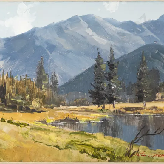 Aston Greathead - framed oil - lake and mountain scene H-270 W-390