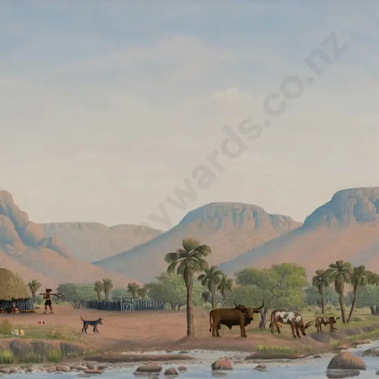 Paul Kiddo - framed oil - Nambia villagers & wildlife H-255 W-400