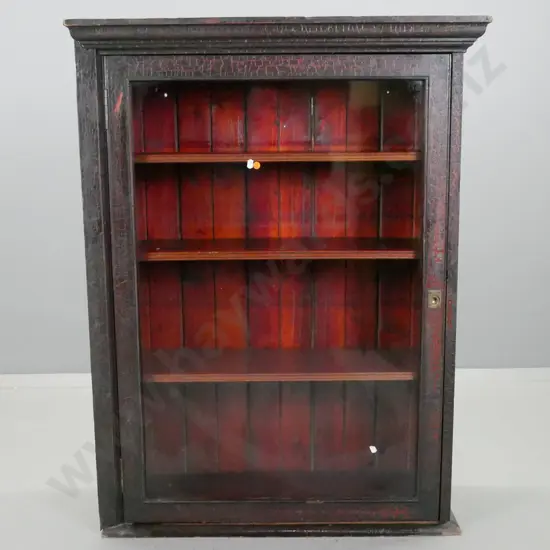 freestanding display cabinet w/ 4 adjustable timber shelves, single glazed door, distressed finish, brass ring handles,