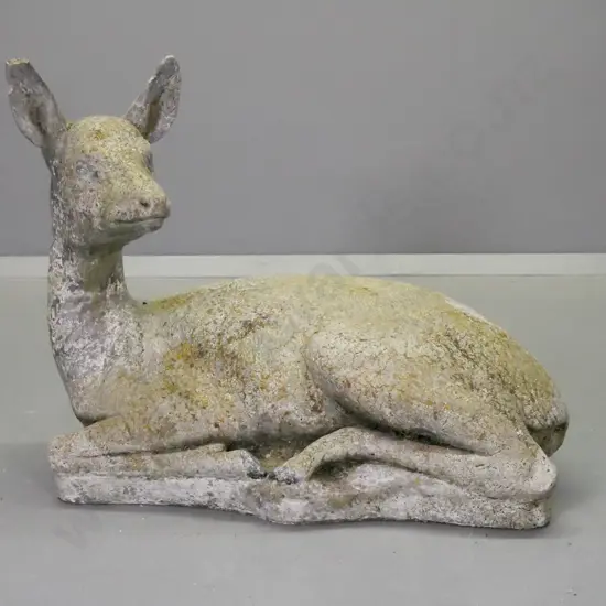 cast concrete garden deer ornament - small chip to one ear and a few around base H-510 L-600 W-200