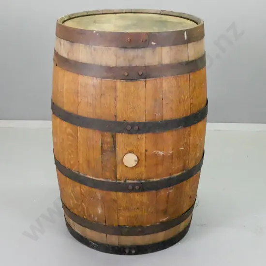 vintage large oak barrel with iron straps - age wear and some surface corrosion to strapping H-900 D-560 at widest
