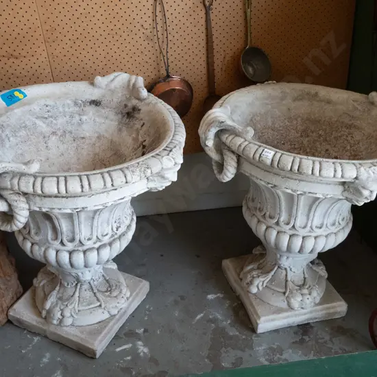 pair of large ornate cast concrete garden urns H-680 Width at handles-700