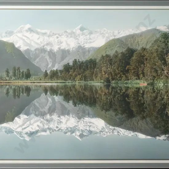 framed Whites Aviation hand coloured photograph - Lake Matheson H-530 W-1000