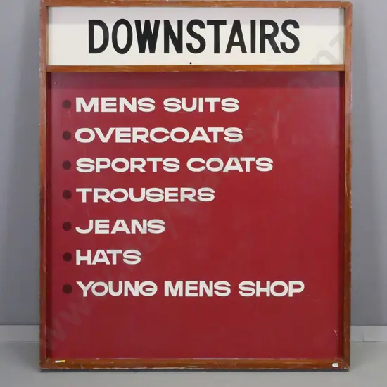 large retro heavy mahogany framed hand painted retail wall sign - menswear etc. - frame has scuffs and paint marks H1130