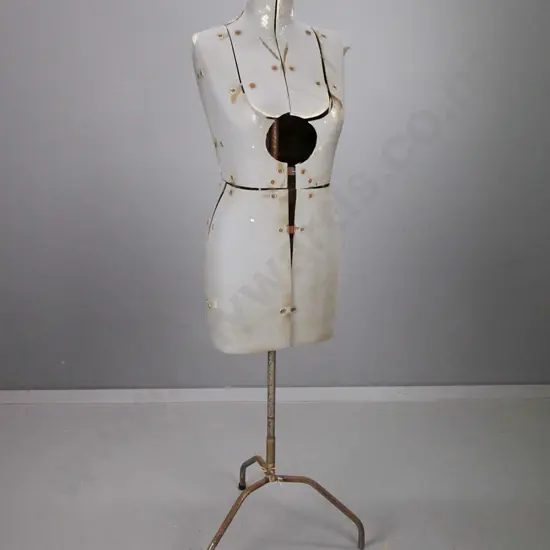 vintage adjustable size dressmaker's form on metal tripod base - extensive wear & stains to fabric,  corrosion to