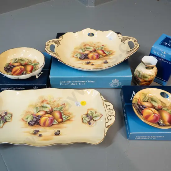 5 pieces Aynsley Orchard Gold, 4 w/original boxes - oval dish, sandwich tray, small vase, 2 trinkets,