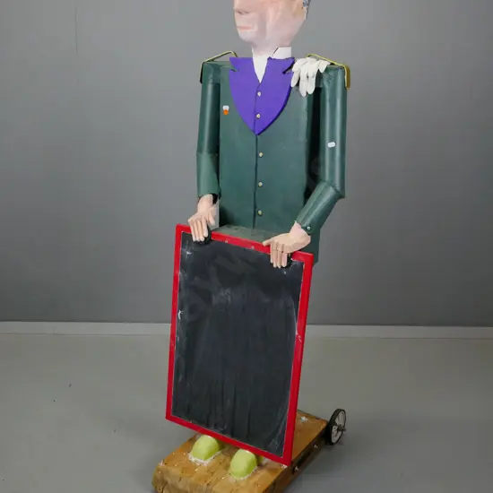 hand carved and painted timber butler display stand with blackboard, on slab base with wheels H-1400 W-400 D-560