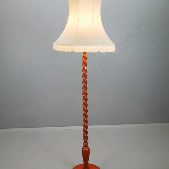 vintage mahogany barley twist standard lamp on 3 bun feet, with fringed ivory shade H-1820 Base D-350