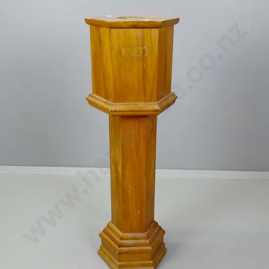 vintage rimu hexagonal ecclesiastical font with circular cutout, water staining to top H-950 W-310 D-310