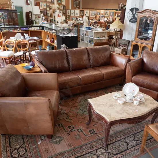 contemporary natural brown leather 3 piece lounge suite with 1x 3 seater settee and 2x singles