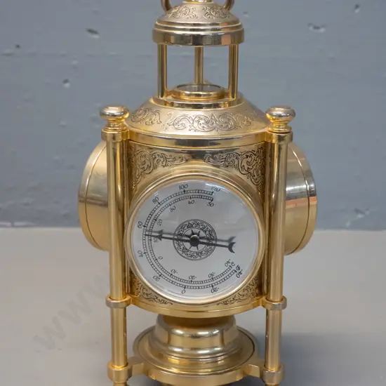 incised brass combination desktop clock, barometer, thermometer and compass, 3-leg pillar base, made in China H-260,