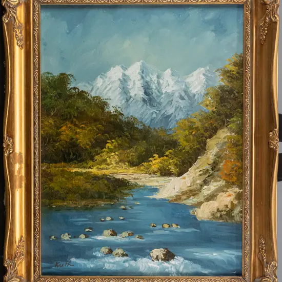 Keith - gilt framed oil - river and mountain scene H-390 W-290