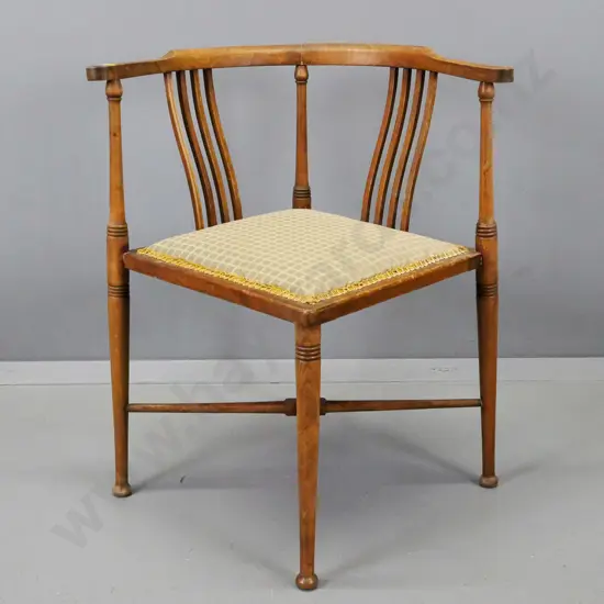 vintage beech slat back corner chair, turned x-frame base and legs, overall water damage to finish