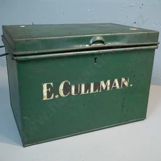 green painted metal deed box with side handles, brass lock, no key - stencilled E Cullman on front. General age wear to