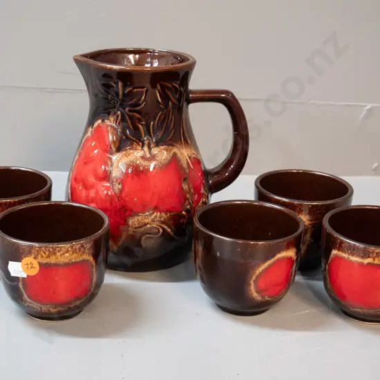 German red and brown pottery water set - jug and 5 cups