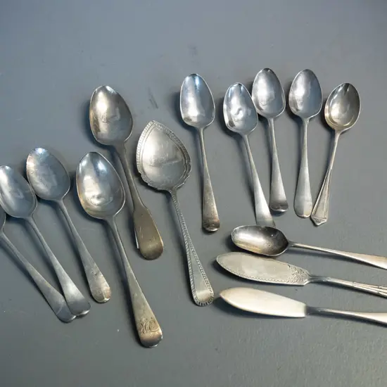 assorted sterling silver cutlery - 12 teaspoons and 2 butter knives