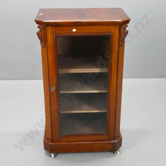 Victorian walnut display case with single glazed door, 4 shelves, carved corbels, box wood inlaid stringing to door and
