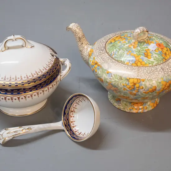 Wedgwood cobalt and gold banded sauce boat and ladle and an Empire wattle design teapot H150 L250