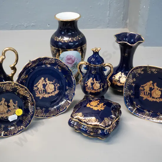 8 pieces of cobalt and gold Limoges china - 2 vases, 2 jugs, trinket, plates etc - tallest vase H-180