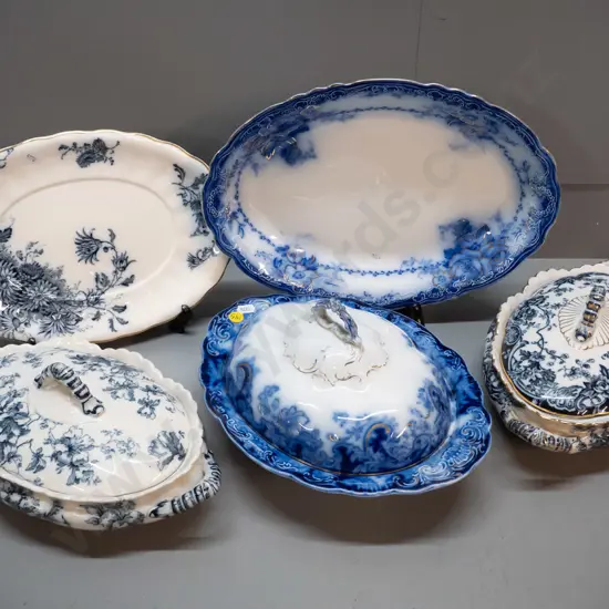 3 vintage lidded vegetable serving dishes and 2 oval ashetts - flow blue & gilt Alfred Meakin Ormonde vege and Ovando