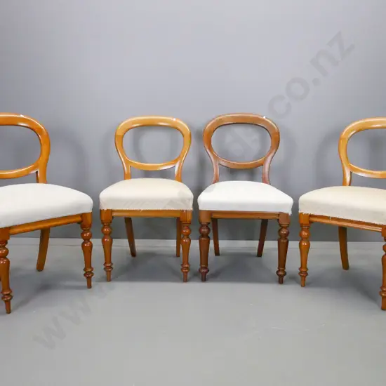 set of 4 colonial balloon back dining chairs, 3 kauri and rimu, one is cedar, 2 different fabrics for seats. W/turned