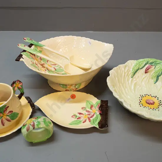 Carlton Ware - 2 salad bowls, one with servers, Carlton ware dish with chip to rim, sauce boat & napkin ring - spoon is