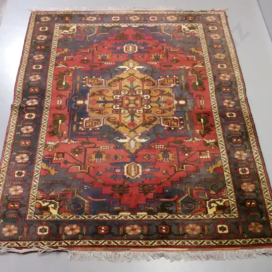 Persian style hand-knotted woollen floor rug - dark reds, browns, blues and ivory, some fading L-2880 W-2000