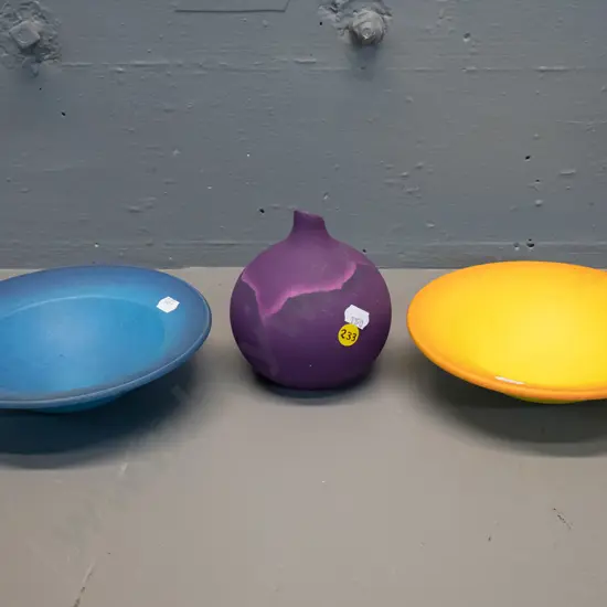 3 matte glaze studio pottery items - 2 Danny Moorwood bowls D-190 and a purple globe vase with RW mark