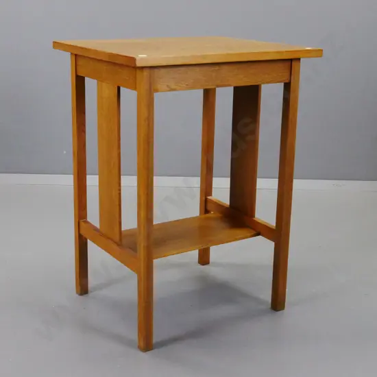 vintage oak 2-tier side table with slatted sides, on square legs, some marking to top H-725 W-540 D-455