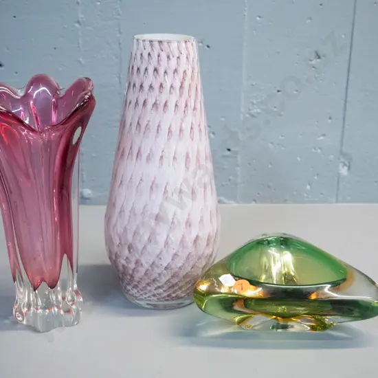3 pieces heavy art glass - 2 vases and an ashtray/bowl - taller pink & white vase has small chips at rim H-270