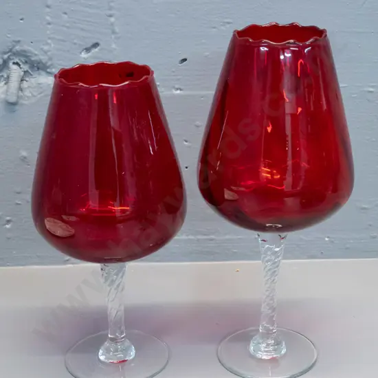 2 red glass goblet shaped vases with swirled clear glass stems - taller one is H-260