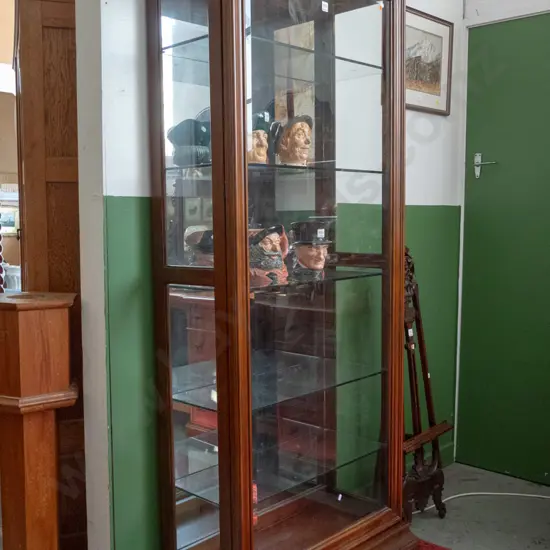 reproduction tall mirror-back display case with bevelled edge glass sliding door, glazed sides, 5 adjustable glass