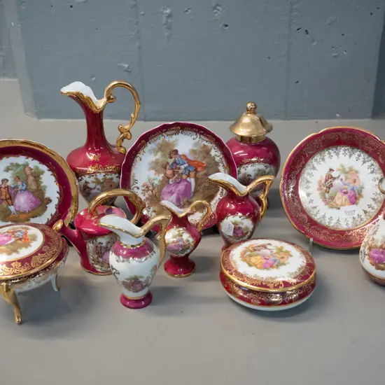 12 pieces of pink Limoges china - 3 plates, 2 trinkets, jugs etc. - tallest jug is H-150