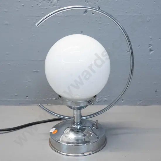 deco chrome hoop shaped table lamp with globe milk glass shade H-310 W-220 - some corrosion / pitting to chrome
