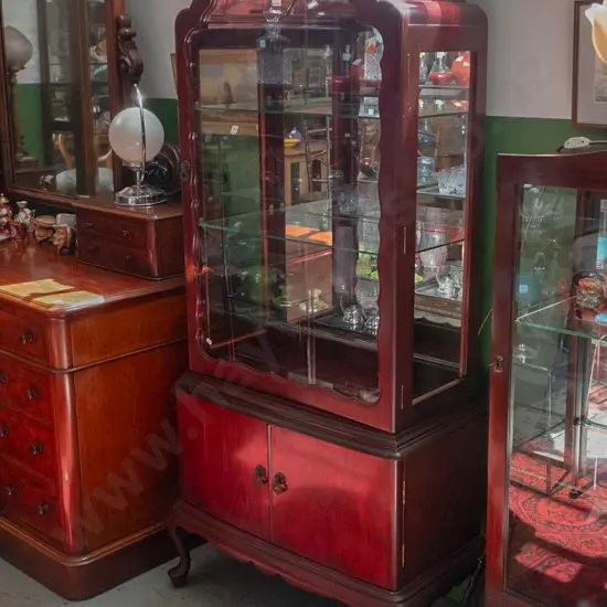 reproduction cab-leg mahogany dome-top display case with glazed sides, single arched glazed door, 2 glass shelves &