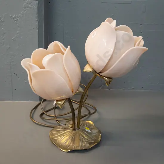 water lily lamp with cast brass base and 2 flower shaped shades with plastic petal design H-390 W-350