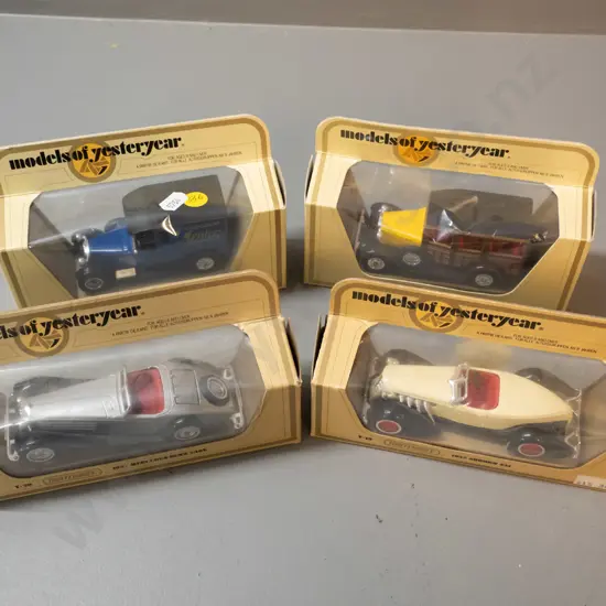 4 boxed Matchbox Models of Yesteryear die-cast vehicles - delivery van, estate car, 2 roadsters