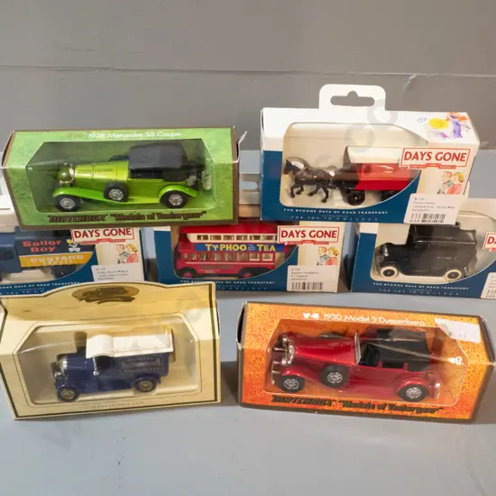 7 boxed die-cast model vehicles - 4 "Days Gone" 2 Matchbox Models of Yesteryear Mercedes and a Cadbury delivery van