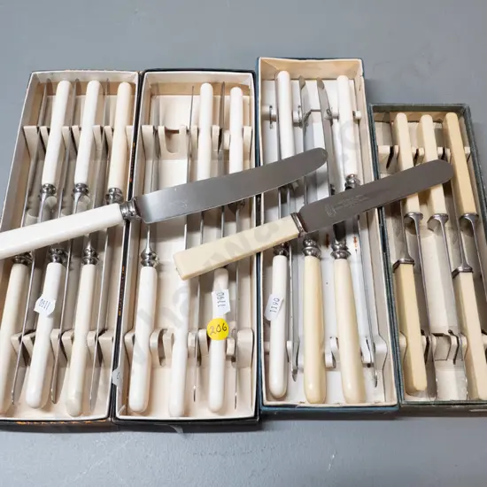assorted faux bone-handled knives - some Rodd, one set of 6 bread & butter have square handles, one box not full