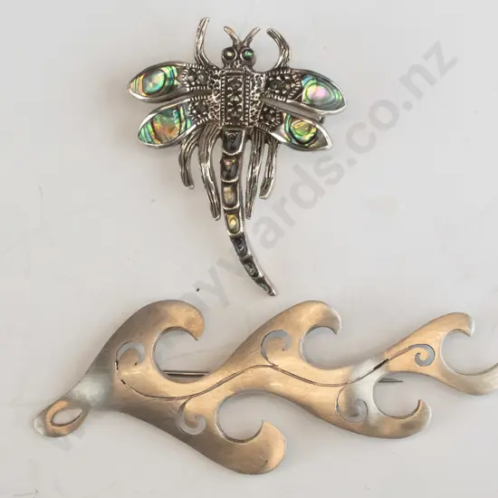 silver paua shell dragon fly brooch stamped 925 & silver brooch stamped stg
