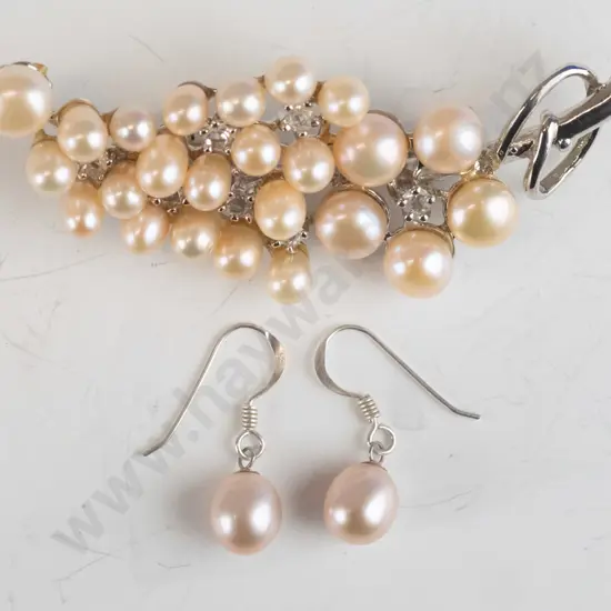 pearl brooch [no mark] & pair of pearl earrings stamped 925