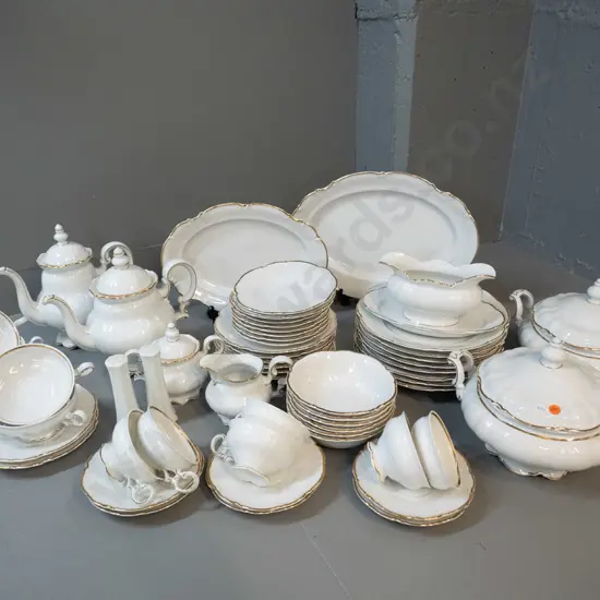 Hutschenreuther white & gold trimmed dinner set - 6 place, teapot, coffee pot, 2 lidded veg, 2 oval platters, missing 2