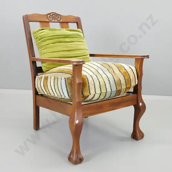 mahogany open-armed occasional chair with loose upholstered seat, carved decoration, ball and claw feet, dark scorch