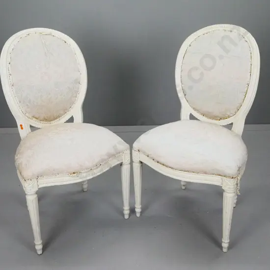 pair vintage French Louis XV style cream painted medallion back chair with coin decoration, shaped front, turned fluted