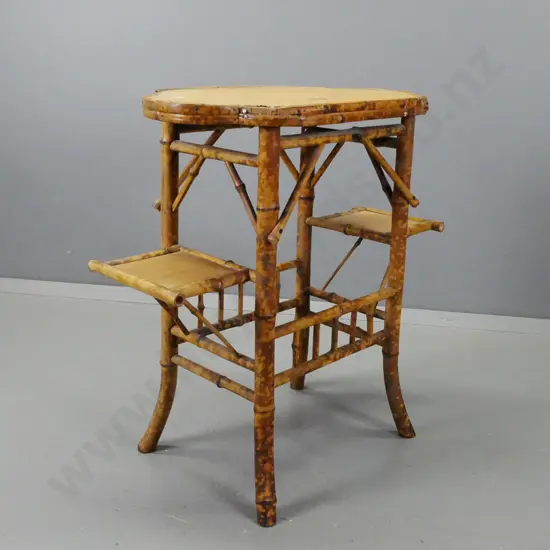 restorer's vintage mottled finish bamboo end table / stand with woven mat top & 2 drop side shelves - matting top top is