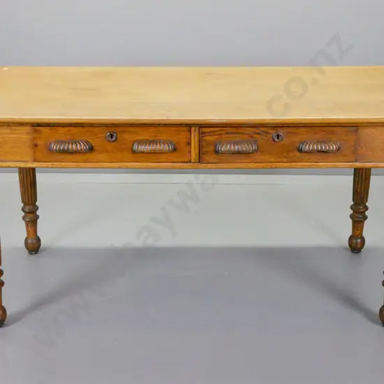 vintage oak library / office table with 2 drawers w/ 2 wooden handles on each, fluted & turned legs on ball feet, split