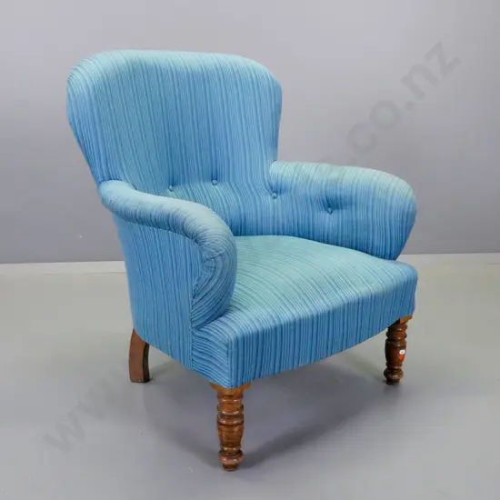 small Edwardian deep buttoned upholstered tub chair - some wear to fabric on arms H-830 W-660 D-560