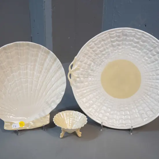 3 pieces of green mark lustre Belleek china - small dish and 2 plates, larger is D-270